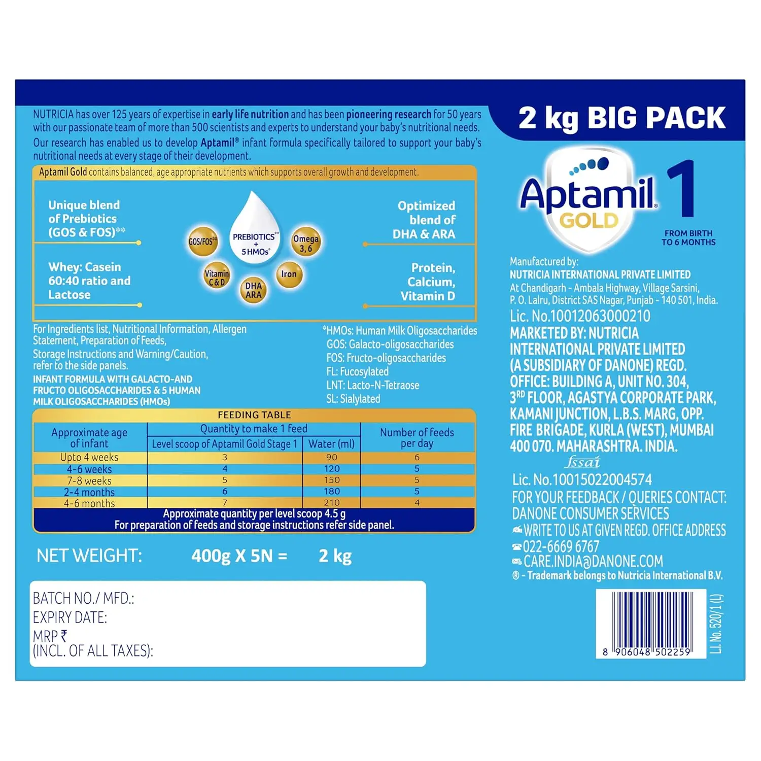 Aptamil Gold Infant Formula Milk Powder for Babies - Stage 1 (Upto 6 months) - with 5 HMOs, Prebiotics and DHA 2 kgs - BIB Pack