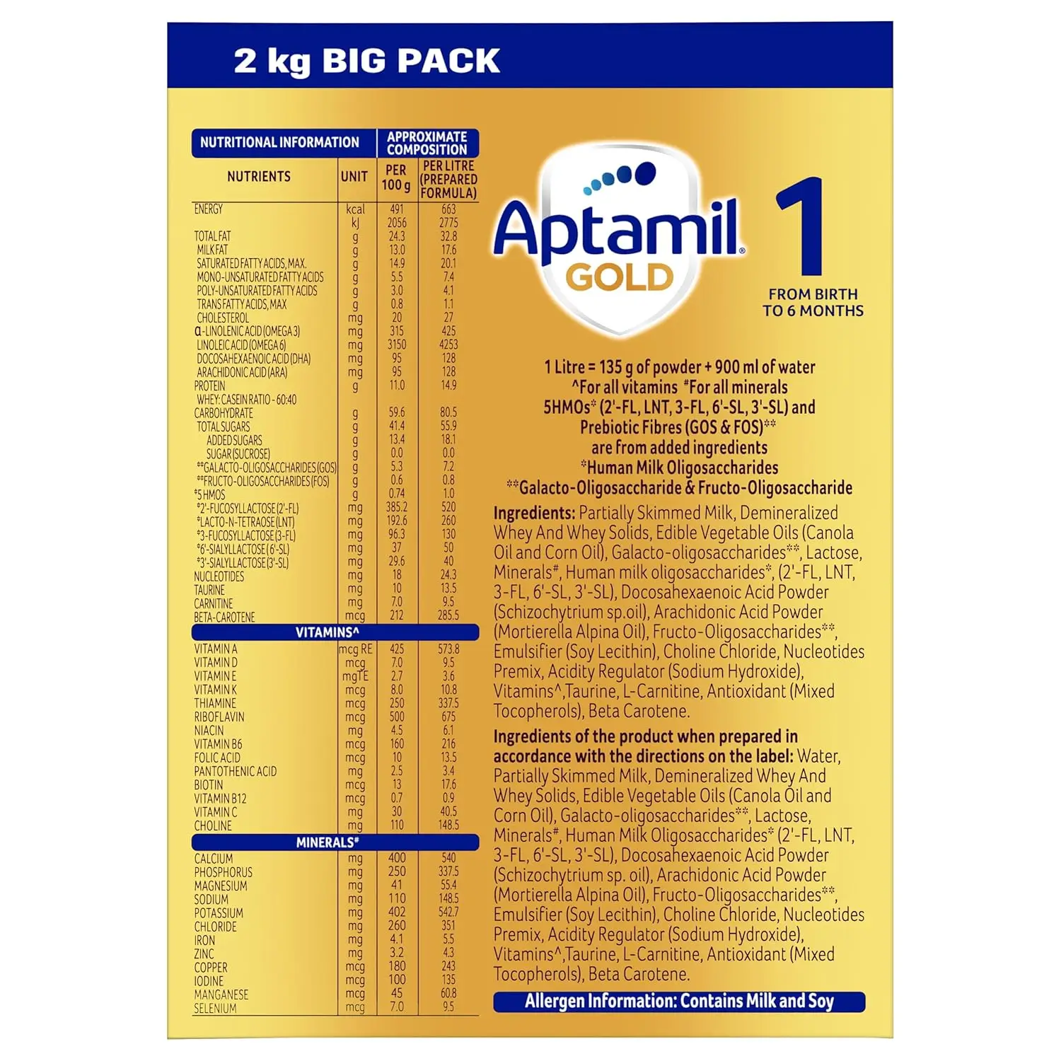 Aptamil Gold Infant Formula Milk Powder for Babies - Stage 1 (Upto 6 months) - with 5 HMOs, Prebiotics and DHA