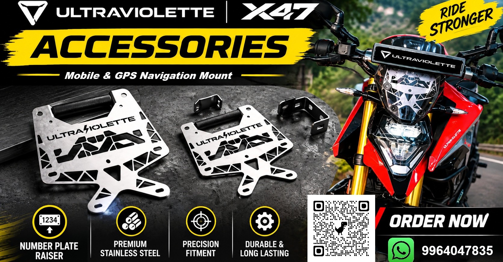 Ultraviolette X47 Mobile Mount Bracket | X47 Desert Wing GPS Navigation And Dashcam Mounting Bracket | X47 Number Place Raiser